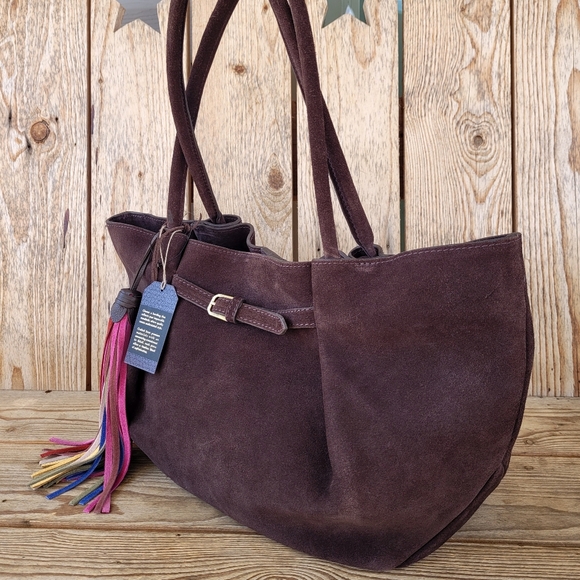*Rare* Suede Leather Tote Shoulder Handbag With Mutlicolored Leather Tassel NWT - Picture 8 of 12